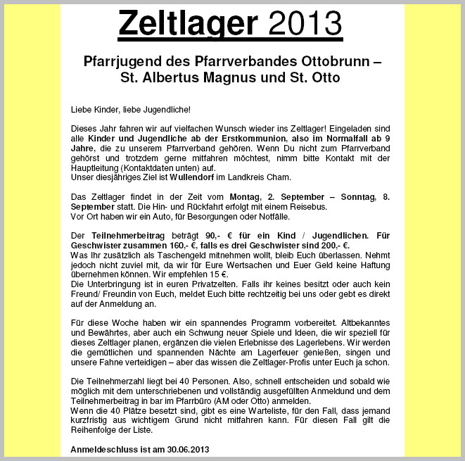 Einladung zum Zeltlager 2.-8.09.2013