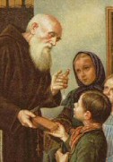 Portrait des Kapuzinerbruders Konrad bei der Speisenausgabe mit Kindern