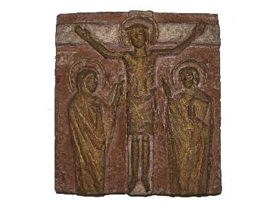 Kreuzwegstationstafel (Roter Steinguss, teilvergoldet) 12: Jesus stirbt am Kreuz.