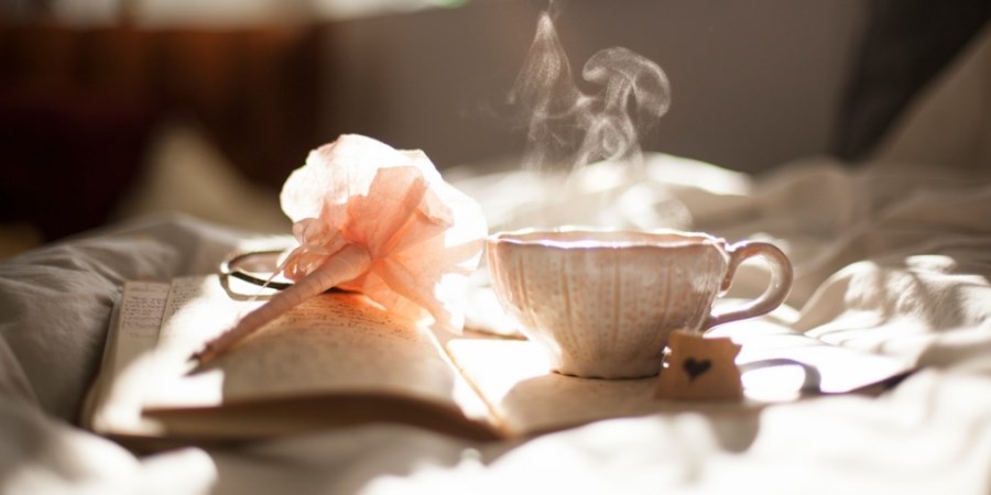 dampfende Teetasse auf Tagebuch mit Stift im Bett im Sonnenschein