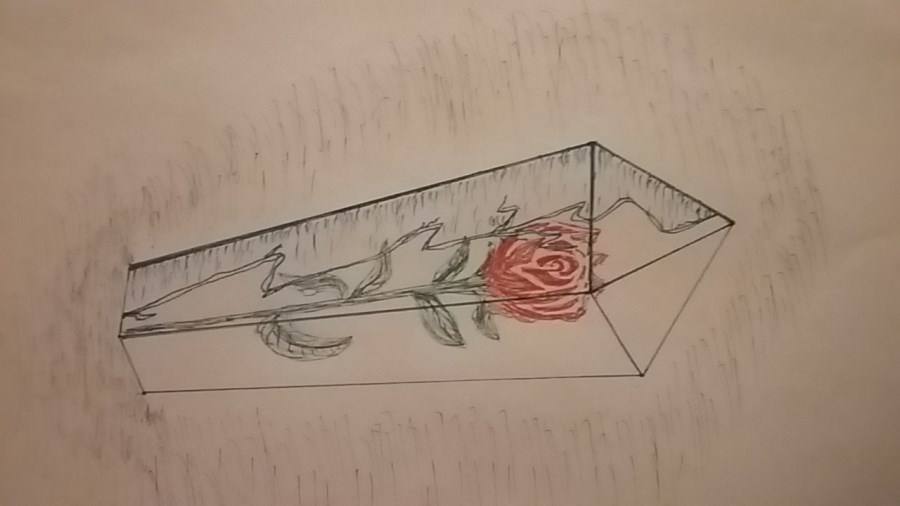 gemaltes Bild, Rosenquarz mit eingeschlossener Rose und einem Riss