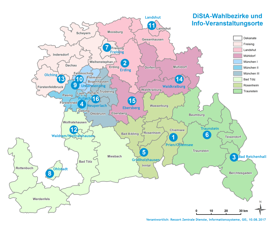 Karte mit nummerierten Orten der KV-Infoveranstaltungen 2017