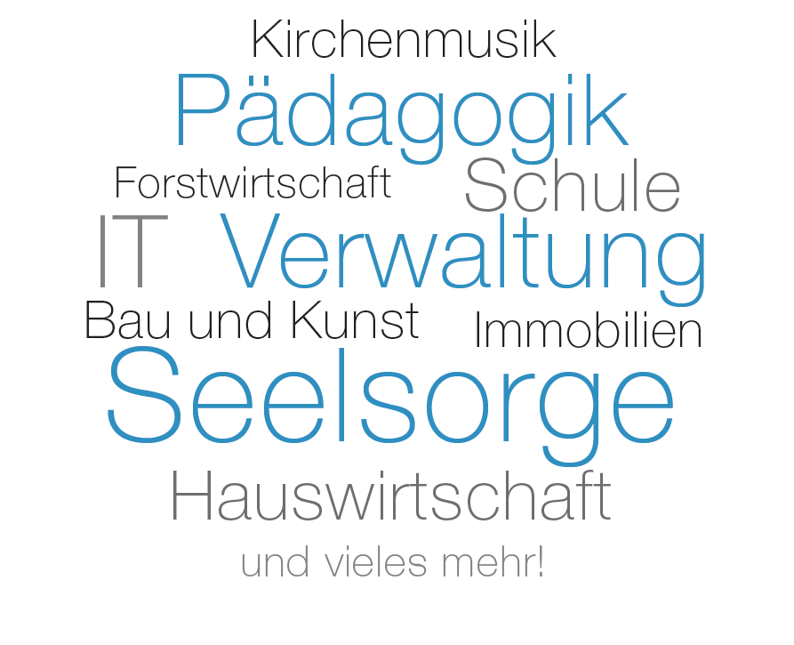 Kirchenmusik, Pädagogik, Forstwirtschaft, Schule, IT, Verwaltung, Bau und Kunst, Immobilien, Seelsorge, Hauswirtschaft