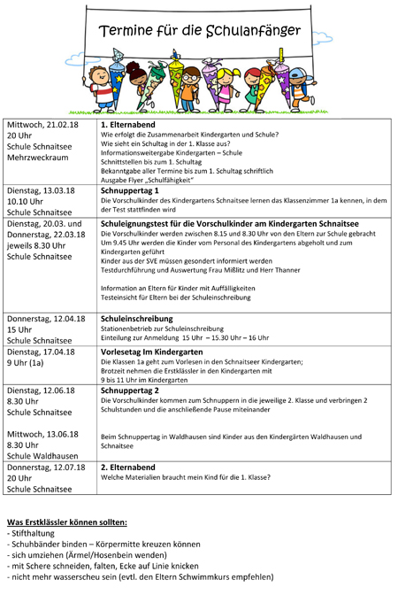 Kiga Termine f Schulanfänger 2018