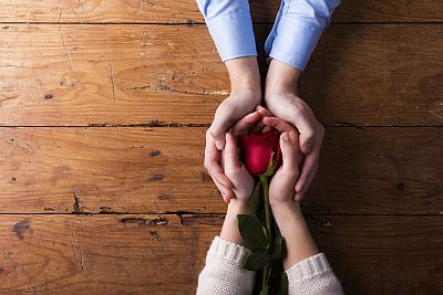 Zwei Hände umschließen behutsam eine rote Rose