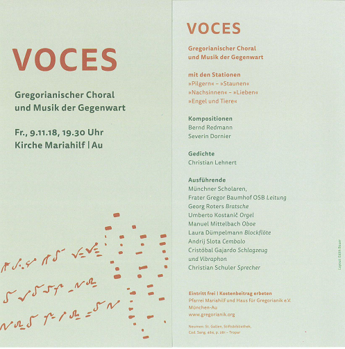 Flyer VOCES<br/>Gregorianischer Choral und Musik der Gegenwart<br/>Freitag 09.11.2018 um 19.30 Uhr in der Kirche Mariahilf / Au