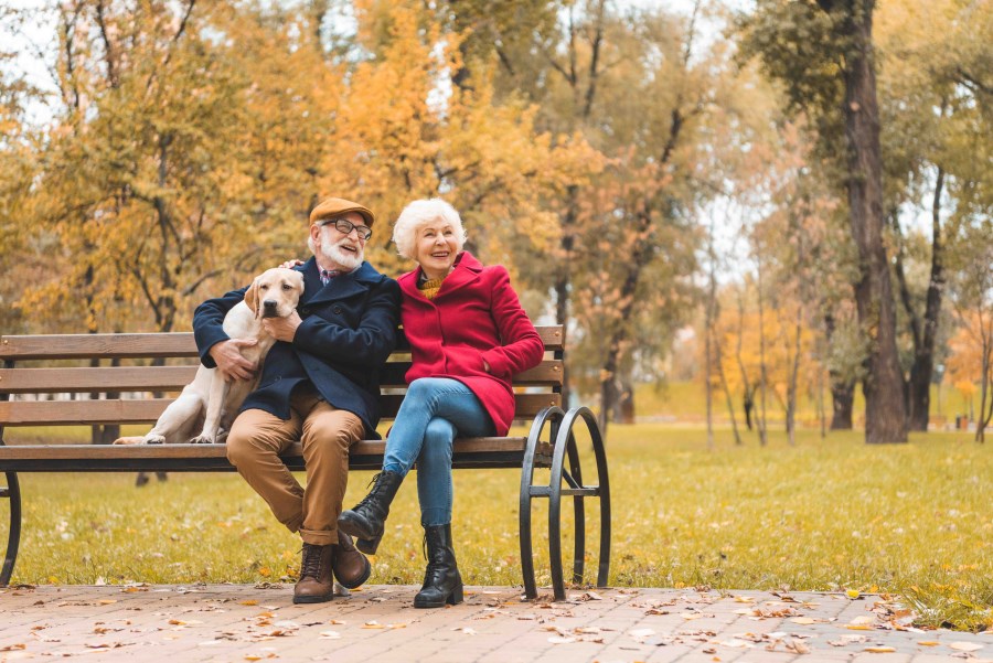 Seniorenpaar mit Hund auf bank in herbstlichem Park
